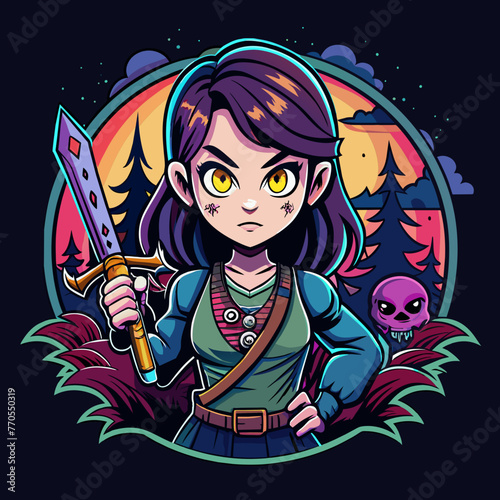 Summon the Chills Design a spine-tingling t-shirt sticker featuring a horror girl wielding a menacing sword in the dead of night