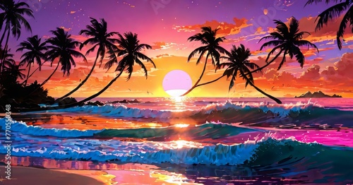 A digitally-created vibrant sunset casts a radiant glow over the sea and silhouetted palm trees. The artwork s vivid colors create a mesmerizing tropical paradise. AI generation