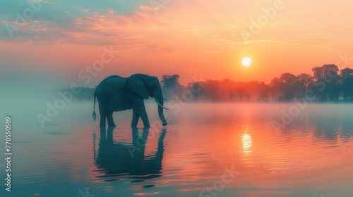 Lonely elephant stands on foggy lake at sunset,copy space,high luxury details,illustration,isolated on a light background © 2D_Jungle
