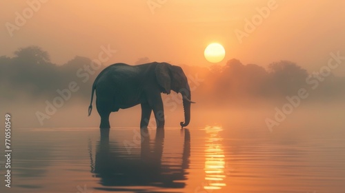Lonely elephant stands on foggy lake at sunset,copy space,high luxury details,illustration,isolated on a light background