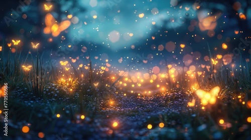 Enchanting Fireflies Illuminating the Tranquil Evening Landscape © Sittichok