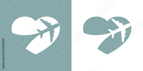 Logo i love travel. Silueta de corazón con avión en espacio negativo para agencia de viajes