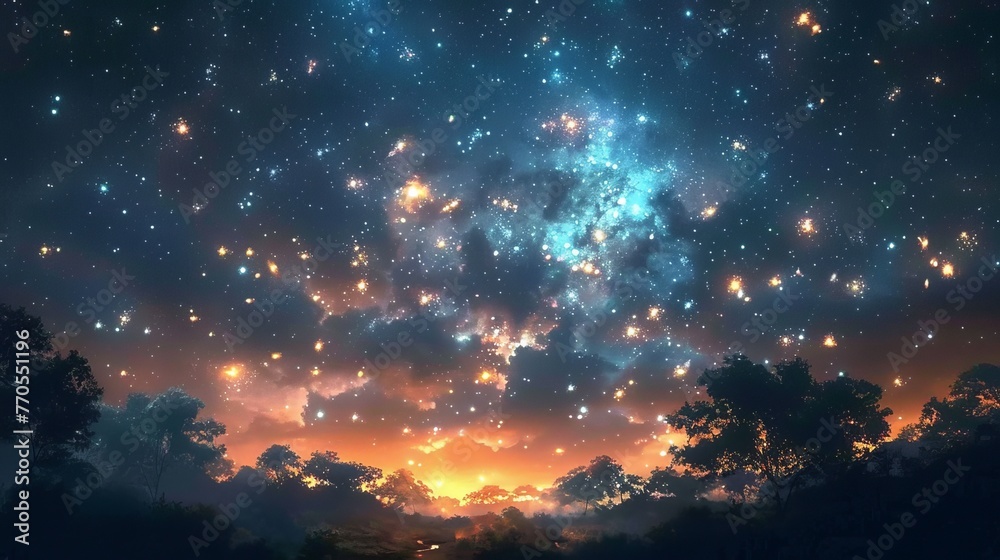 Craft a visually captivating scene that highlights the enchantment of stars bathed in a gentle glow