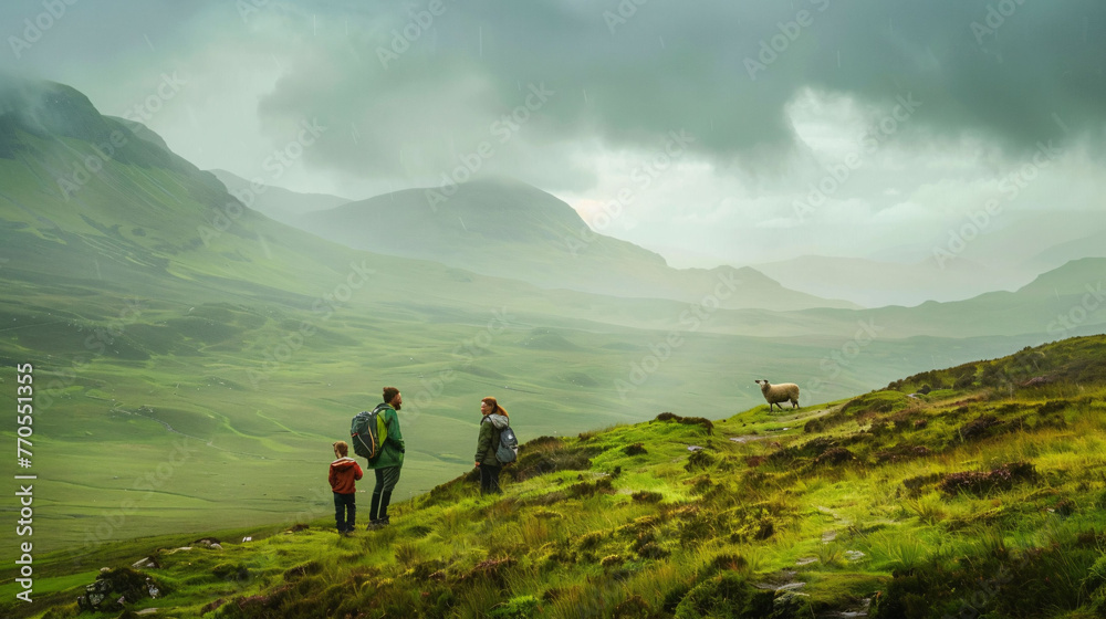 Obraz premium Family Hike in Rainy Highland Terrain