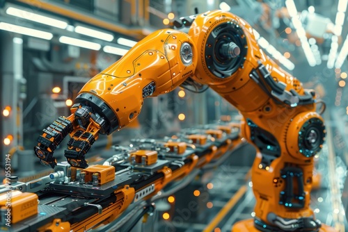 A robot is actively moving along a conveyor belt in a factory setting. © Vitalii But