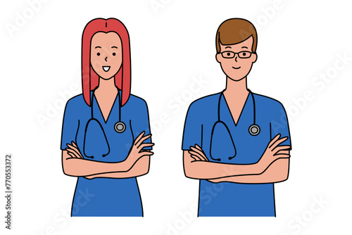 Portrait of a Male Doctor and nurses in work uniform. Medical Staff vector illustration isolated on white background in flat style. Health and medical examination concept