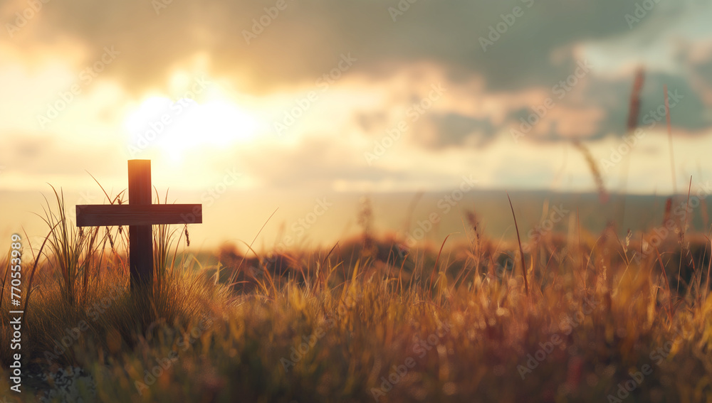 Ascension day concept. The cross on meadow autumn sunrise background., orthodox easter - obrazy, fototapety, plakaty 