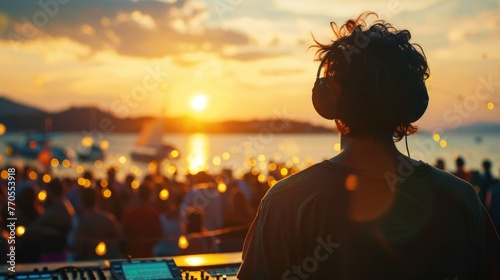 A crowd enjoys a magical sunset as a DJ orchestrates the vibe of an outdoor summer party with infectious music