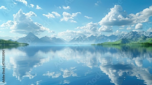 Tranquil Alpine Lake Reflecting Majestic Mountain Peaks and Cloudscape