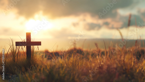 Ascension day concept. The cross on meadow autumn sunrise background., orthodox easter photo