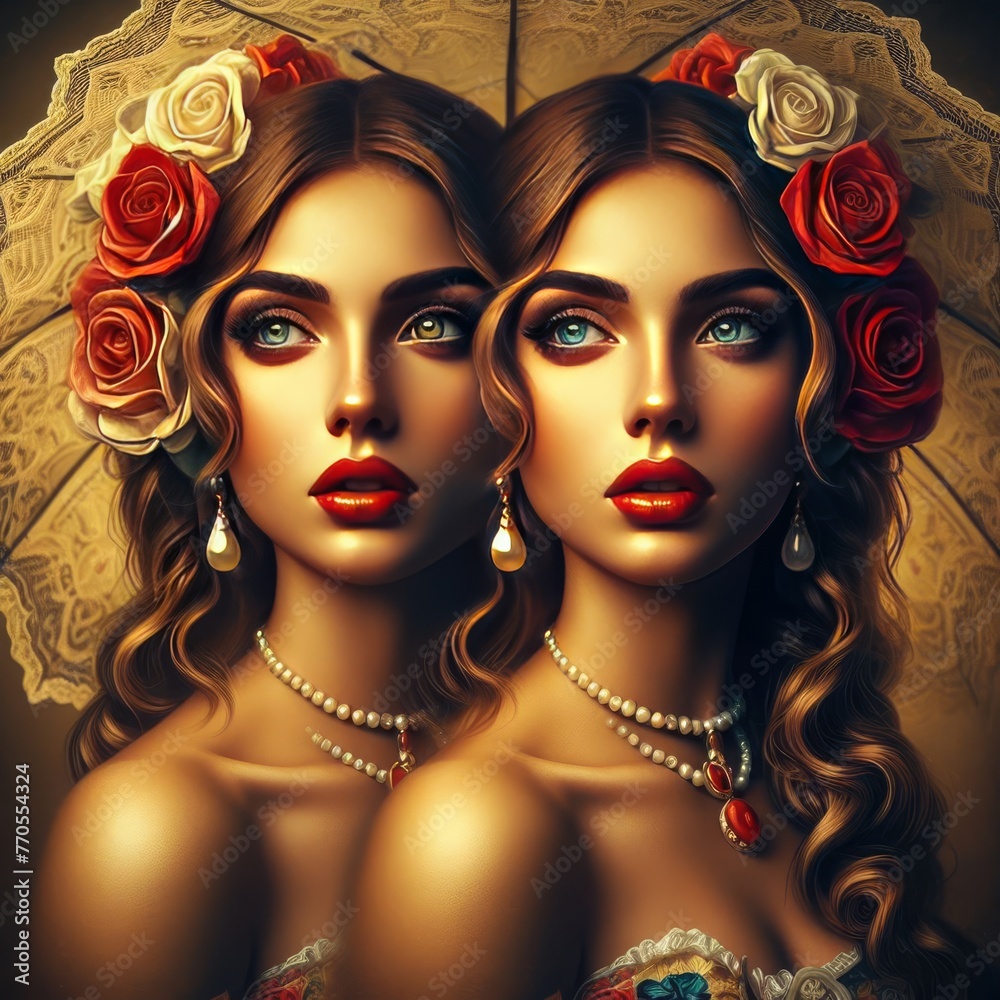Obraz premium Two identical women adorned with roses and pearls radiate vintage charm. Their mirrored beauty captures a timeless elegance against a golden backdrop. AI generation