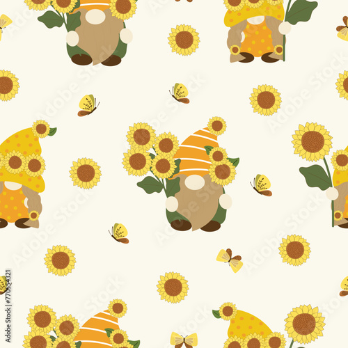 yellow sunflowers with gnomes hand drawn seamless pattern vector illustration for invitation greeting birthday party celebration wedding card poster banner textile wallpaper paper wrap background