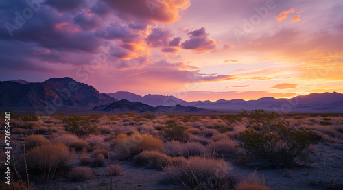 a colorful desert sunset with mountains in the backgrou 91d84d26-3f90-4de6-811c-5dbd35ec446d photo