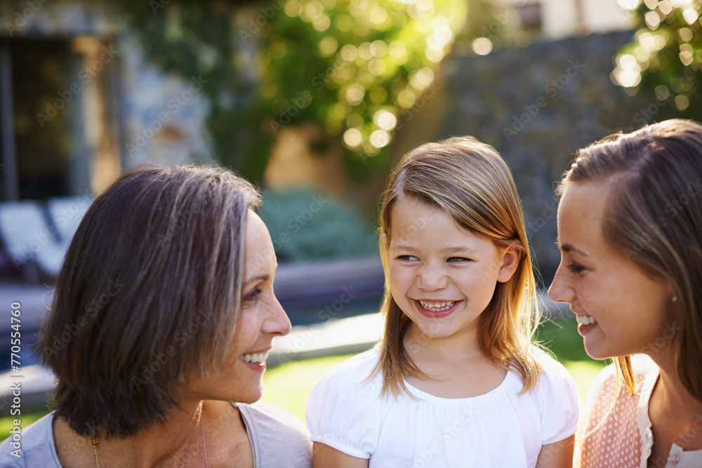 Mom, grandmother and happy child with generations at family house with embrace, bonding and love with care in garden. Grandma, people and smile with kid in outdoors on vacation with nature for memory