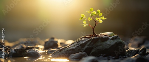 the sunlight falls through onto a small tree that is sitting on a rock during sunset, in the style of sustainable design, miniaturecore, terragen, green, focus on materials, inspirational photo