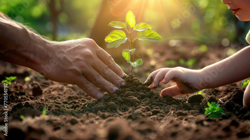 Hand of father and child planting tree sprout together. Ecosystem protection, plant care, and reforestation concept photo