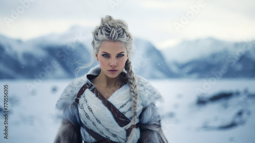 Portrait of a Shield Maiden Viking Woman in Winter. Piercing Blue Eyes with Braided Blonde Hair. Old Viking Costume.