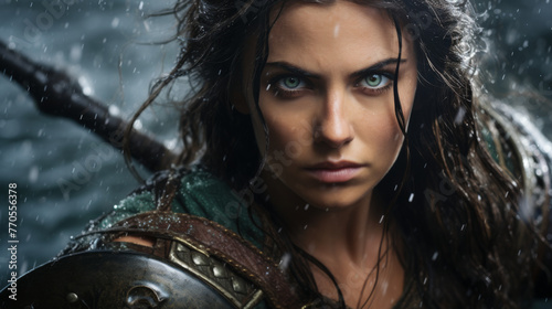 Portrait of a Shield Maiden Viking Woman in the Rain. Piercing Blue Eyes with Brown Wild Hair. Old Viking Costume.