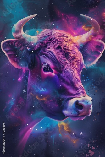Neon Taurus Bull amidst Starry Cosmos, Vibrant Astrology-Themed Illustration, Space Background