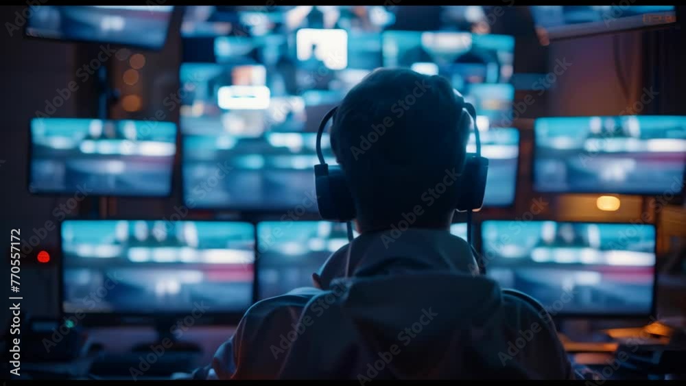 A man is sitting in front of a computer monitor with a headset on, security concept. A man is sitting in front of a computer monitor with a headset on, security concept.