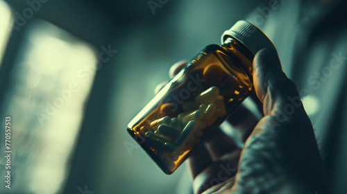 A close-up of a prescription bottle in a trembling hand the challenge of medication dependency.