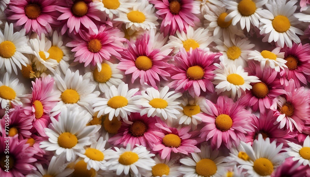 A spectrum of daisy flowers in full bloom, ranging from pink to red to yellow, against a white background.