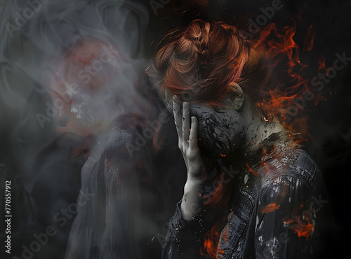The photo shows the double exposure effect of two images, one is an adult woman with red hair covering her face in tears and another is a ghostly transparent girl dressed gray standing behind her .