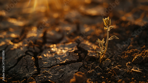 A close-up of a withered plant in cracked soil a microcosm of the larger issue of land degradation. photo