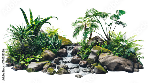 A clear jungle stream winding through rocks isolated on transparent background