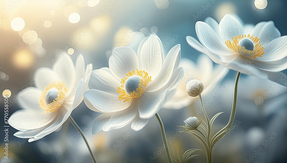 Wiosenne białe kwiaty. Tapeta zawilce - obrazy, fototapety, plakaty 