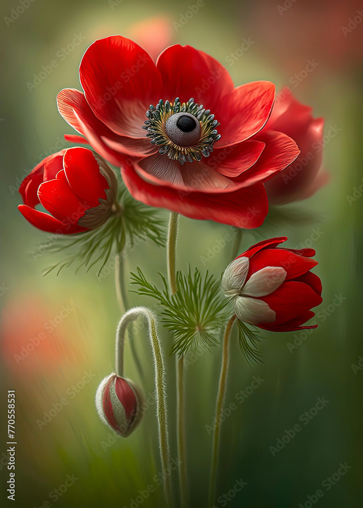 Czerwone kwiaty, wiosenne zawilce. Bukiet czerwonych kwiatów. Tapeta kwiatowa - obrazy, fototapety, plakaty 
