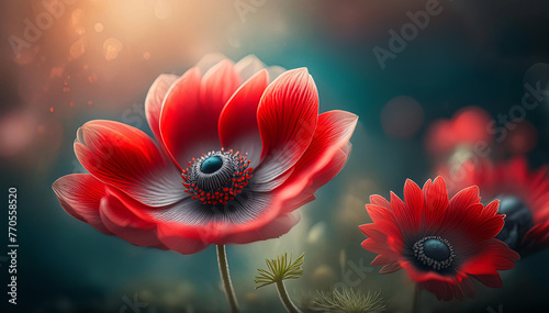 Czerwony kwiat makro, wiosenny zawilec