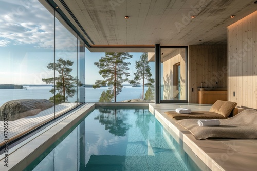 this luxury home overlooks an amazing lake view with a swimming pool, in the style of the helsinki school, landscape photography, naturalistic ocean waves, intensely textural, dark beige
