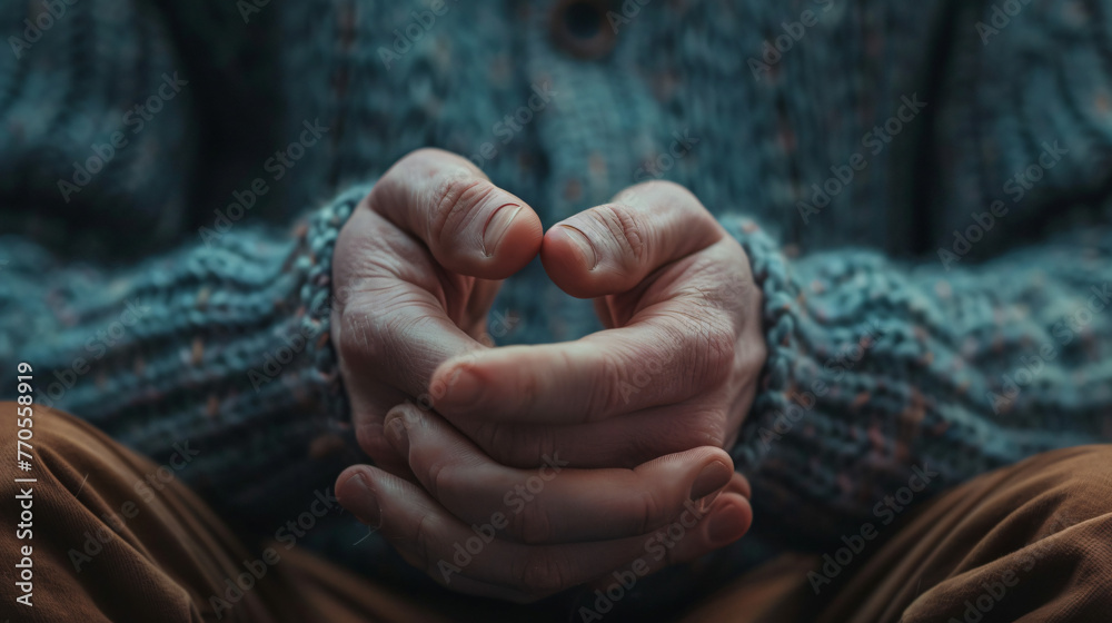 A close-up of hands nervously fidgeting with a small object symbolizing anxiety and restlessness. - obrazy, fototapety, plakaty 
