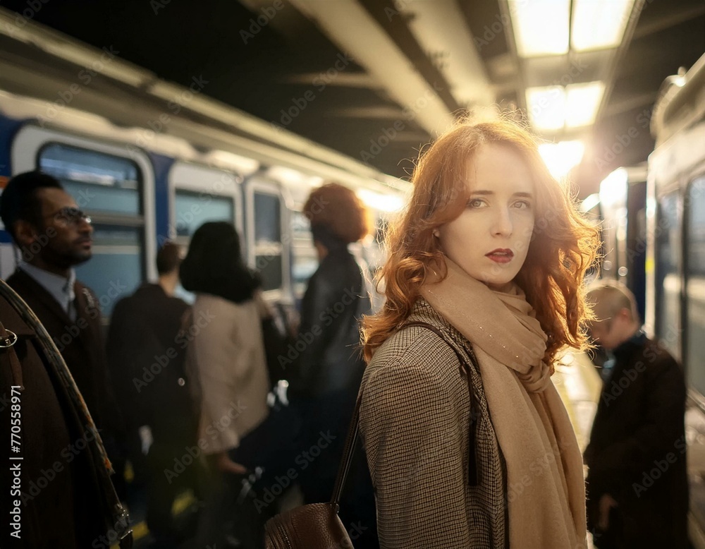 Journey Awaits: Woman Posing in Front of Train Amidst Station Bustle Journey Awaits: Woman Posing in Front of Train Amidst Station Bustle