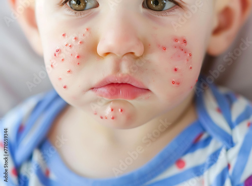Closeup of baby's chest with red pimples,  photo