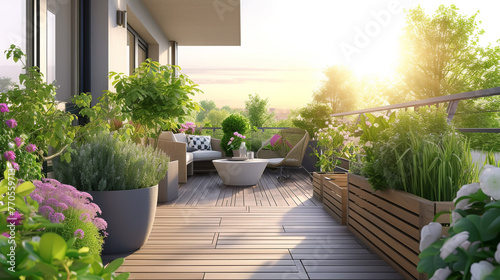 A wooden deck with flowers and wicker sofa
