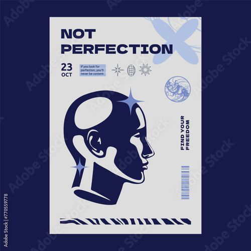A y2k-style poster with a fluid profile of a human head. A design template for a techno party.