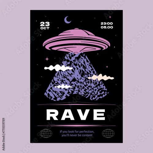 A y2k-style poster with a UFO and the inscription rave. A design template for a techno party.