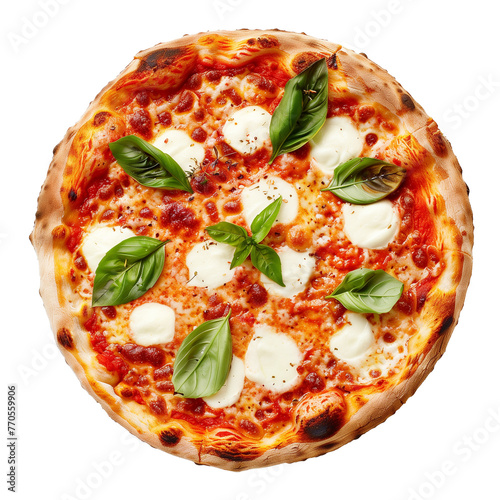 An artisanal wood-fired pizza with mozzarella, basil, and tomato sauce, isolated on transparent background