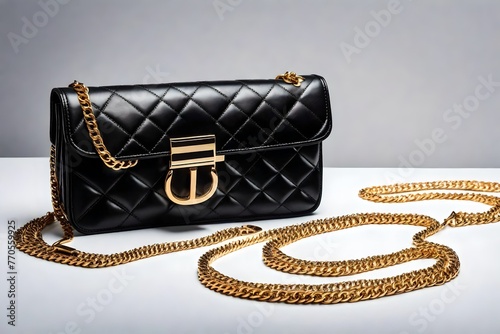 stylish black women sling bag with gold chain on pure white background