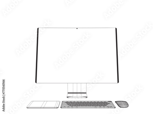 Monitor PC mockup. Wireframe thin frame monitor or PC with mouse and keyboard isolated on white background. Wireframe for web site, presentation. Vector monitor, keyboard, computer mouse. 3D.