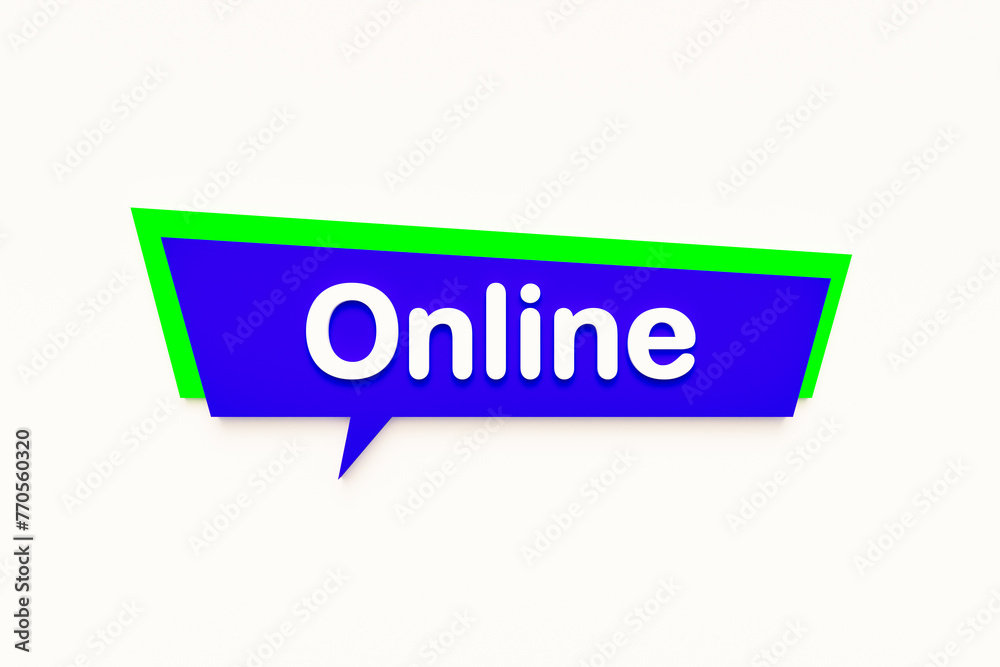 Online, colored cartoon speech bubble, white text. Social media, internet, e-commerce, online business. 3D illustration Online, colored cartoon speech bubble, white text. Social media, internet, e-commerce, online business. 3D illustration