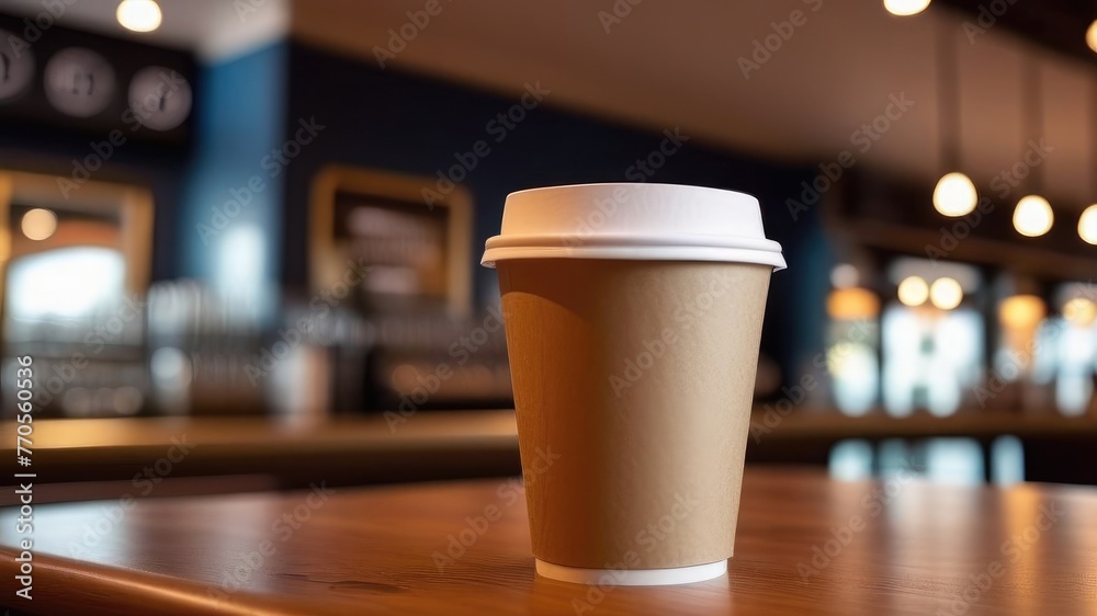 Craft paper disposable cup on table against the background of blurred bar. Takeaway coffee.