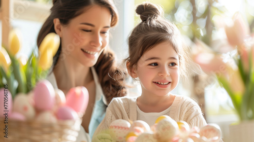 Mother and daughter with Easter eggs in basket at home, closeup