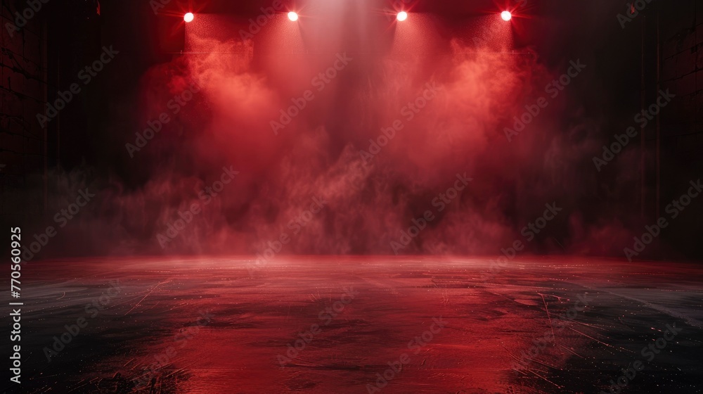 The dark stage shows, dark red background, an empty dark scene, neon light, and spotlights The concrete floor and studio room with smoke float up  for display products - generative ai