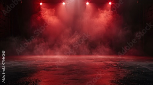 The dark stage shows  dark red background  an empty dark scene  neon light  and spotlights The concrete floor and studio room with smoke float up  for display products - generative ai