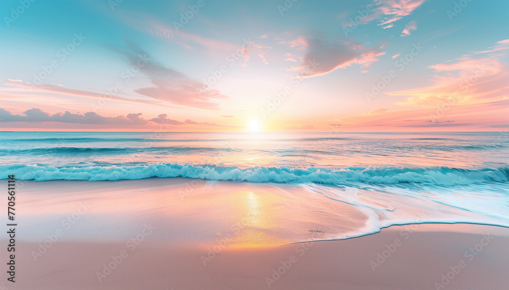 A breathtaking sunrise over a calm sea with pastel skies reflecting on the wet sand, embodying tranquility and the beauty of nature.