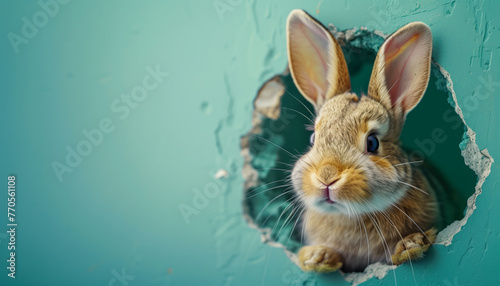A delightful bunny curiously peeks through a torn hole in a vibrant turquoise wall