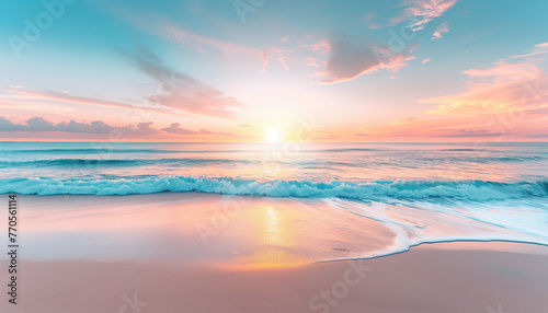 A breathtaking sunrise over a calm sea with pastel skies reflecting on the wet sand, embodying tranquility and the beauty of nature.